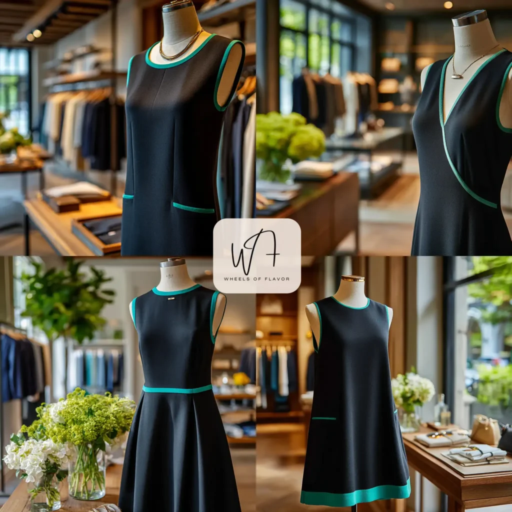 Black dress with emerald green contrast trim colors on hemline in a boutique setting.