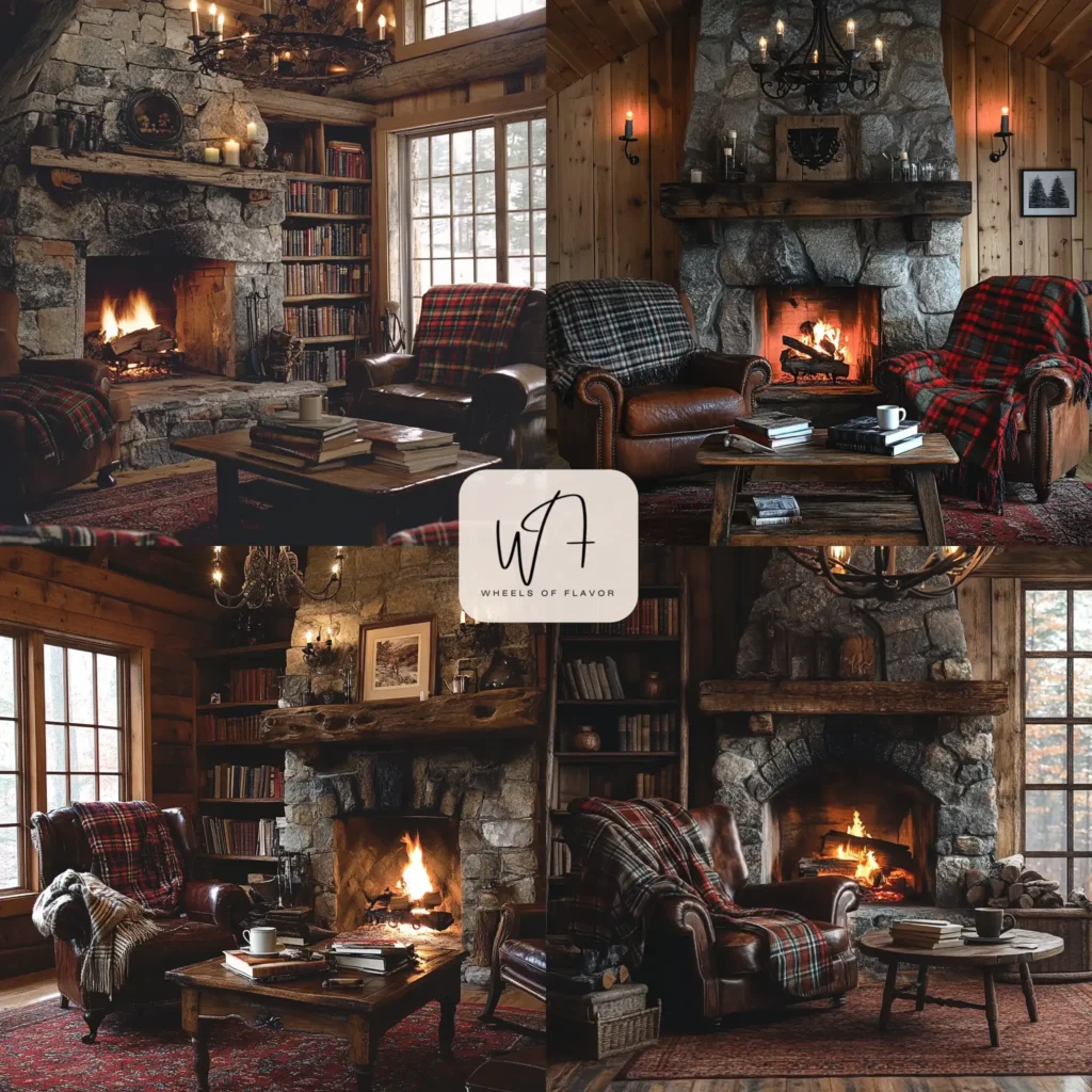 Cozy old cabin interior with stone fireplace and vintage decor