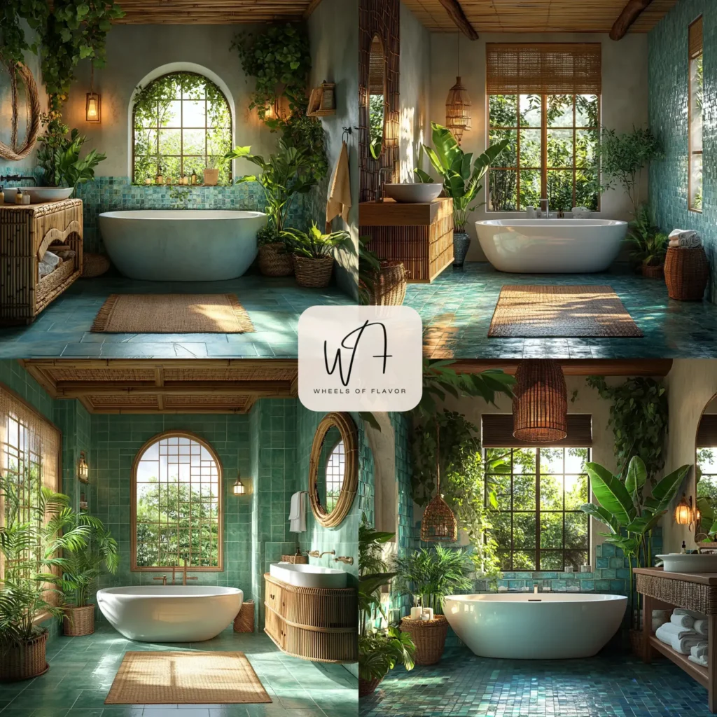 Tropical bathroom escape with bamboo vanity, lush plants, and ocean-blue tiles.
