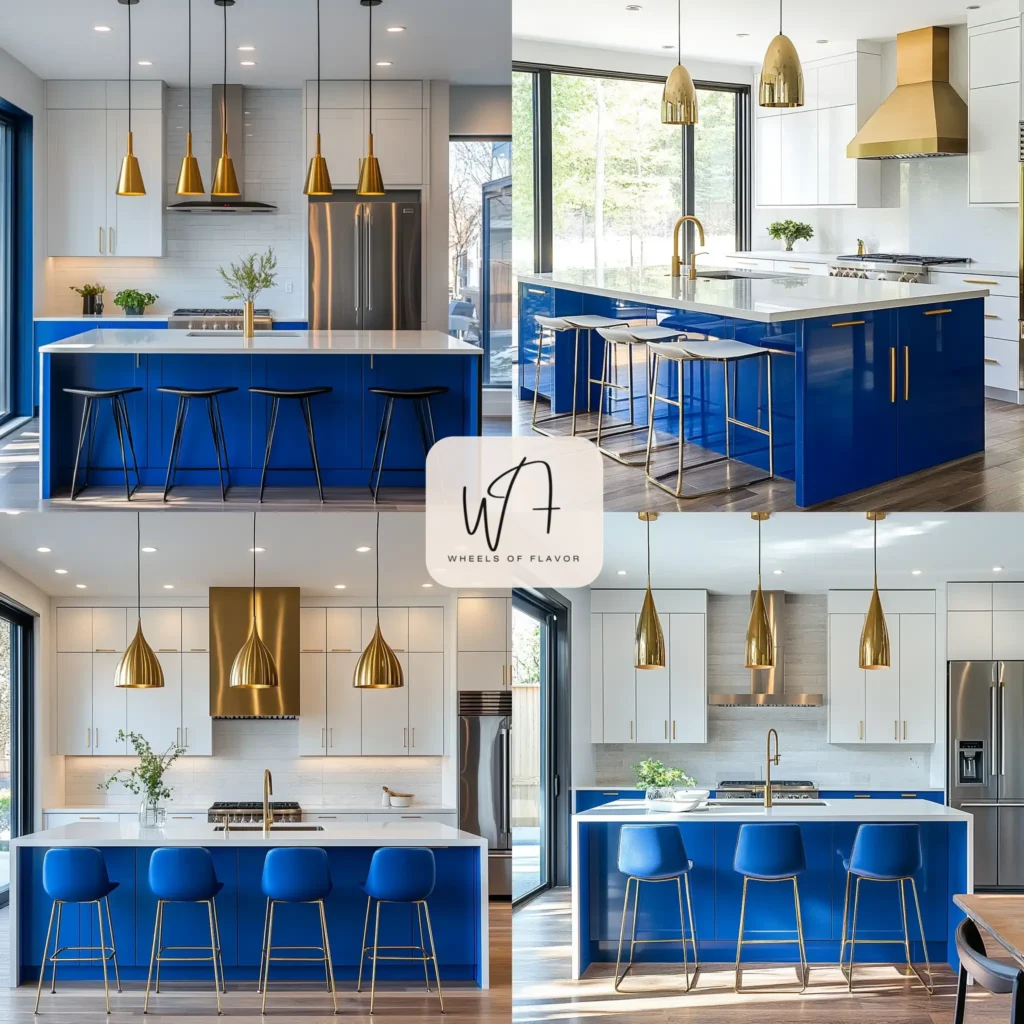 Modern kitchen featuring vibrant blue cabinet accents on an island with gold hardware.