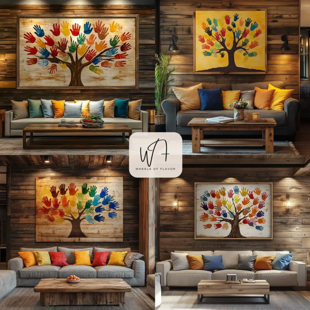 Colorful handprint family tree canvas as DIY Father’s Day wall decor in a cozy living room.