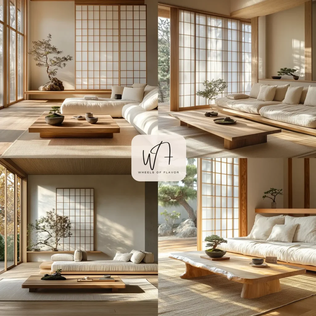 Japanese mid century modern design living room with bonsai and shoji screen