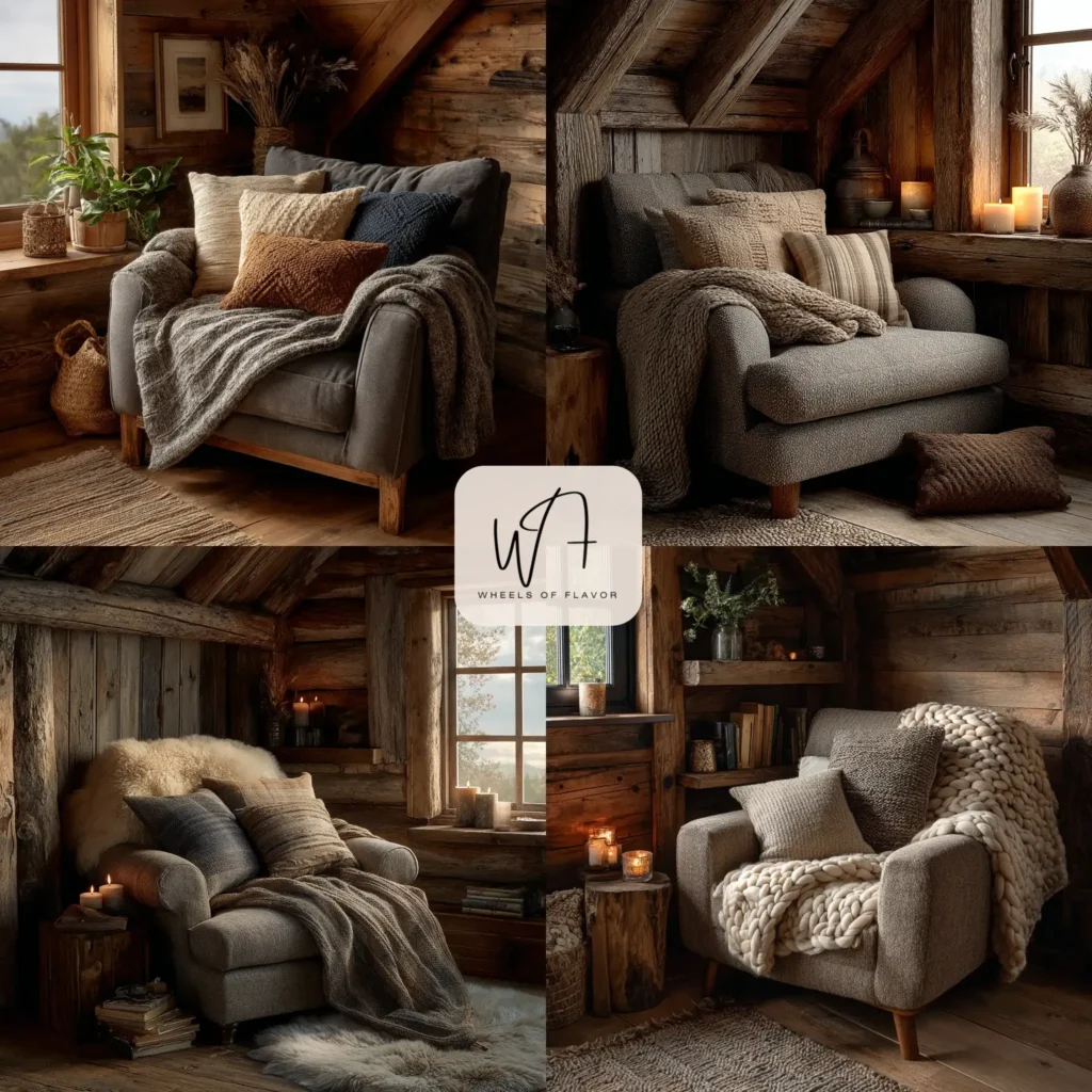 Cozy intimate cabin living nook with plush textiles and rustic decor