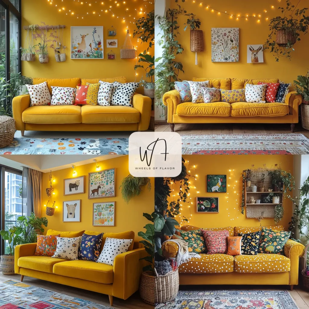 Vibrant living room showcasing whimsical decor with bold colors and playful patterns