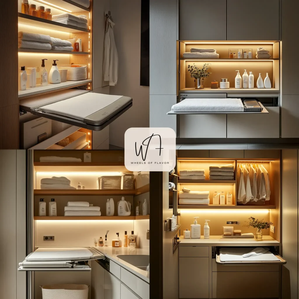 Modern laundry cupboard space with pull-out ironing board and organized storage