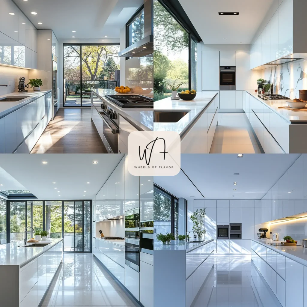 Minimalist kitchen design cupboards in white with quartz countertops