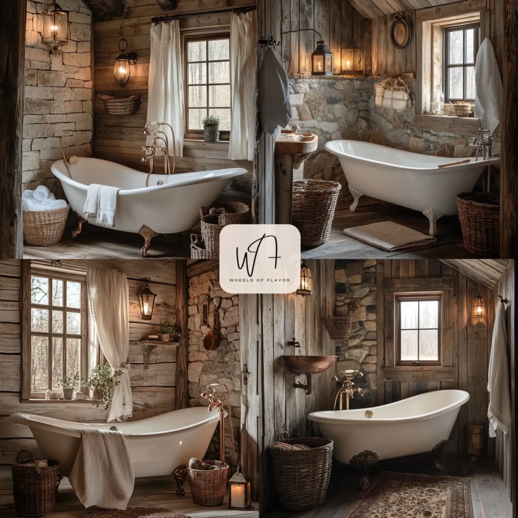 Cozy old cabin interior bathroom with rustic wooden elements and vintage fixtures