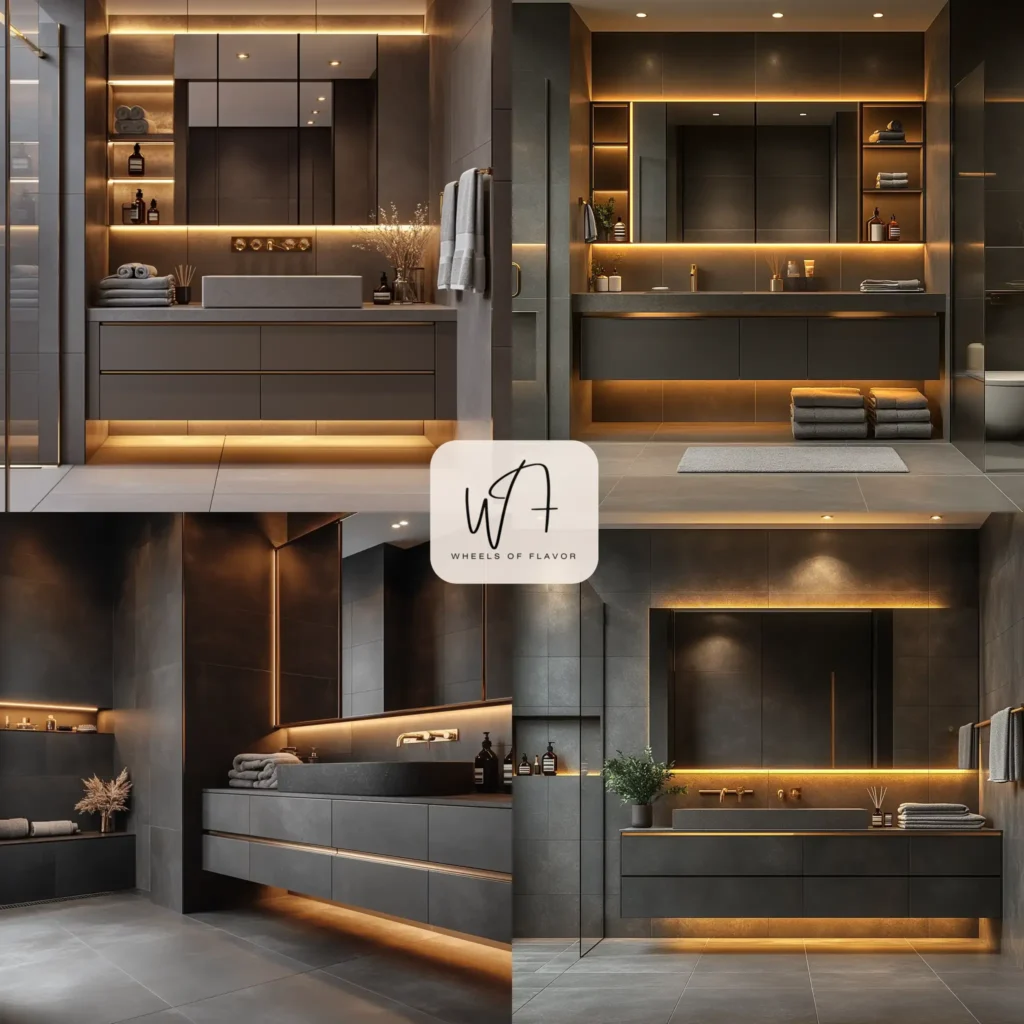 Modern grey bathroom decor with tiles and metallic accents.