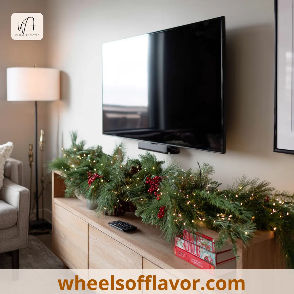 christmas garland under tv no mantle