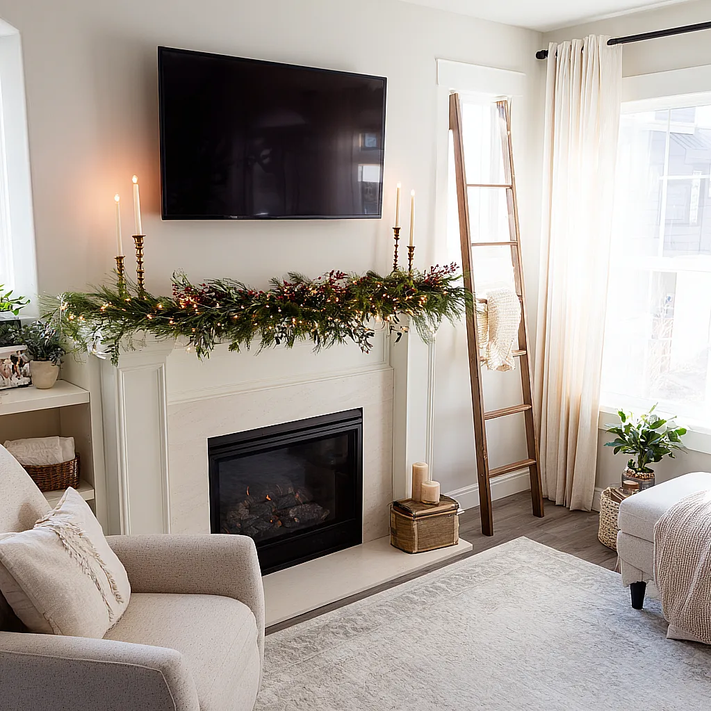 christmas mantle decor with tv above