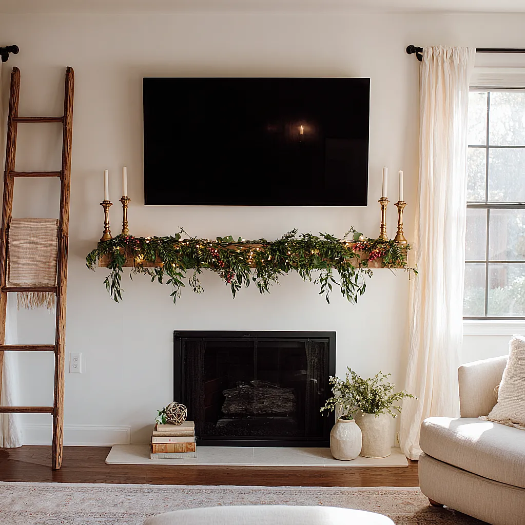 christmas mantle decor with tv above