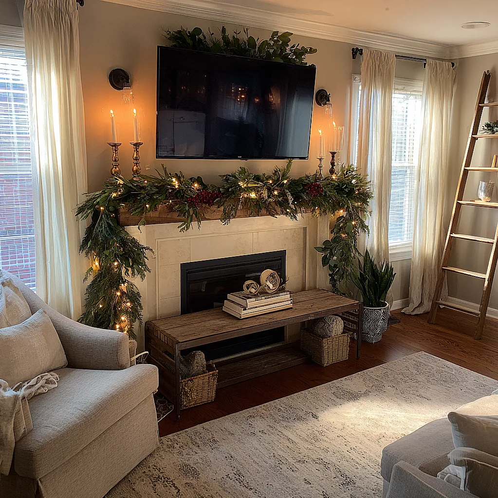 christmas mantle decor with tv above