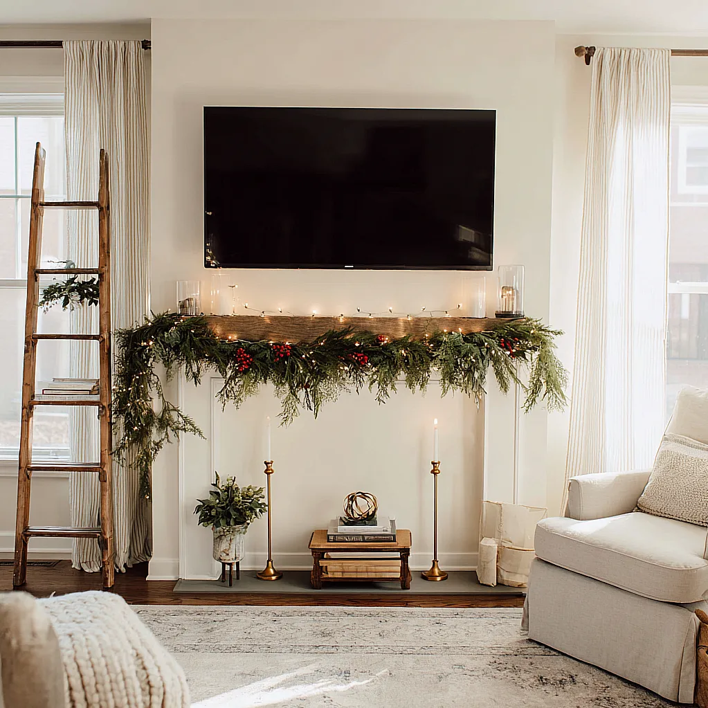 christmas mantle decor with tv above