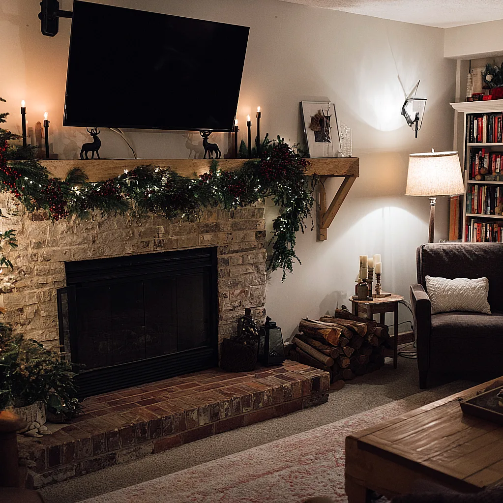 christmas mantle with tv above it