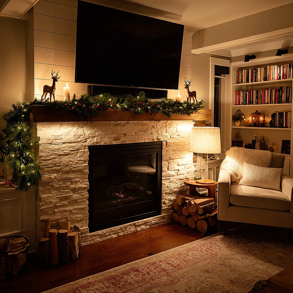 christmas mantle with tv above it
