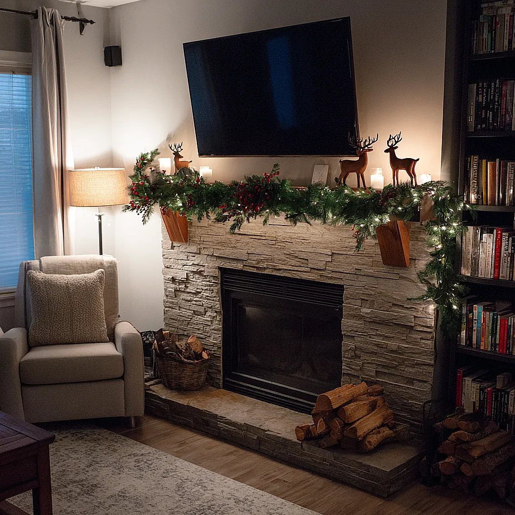 christmas mantle with tv above it