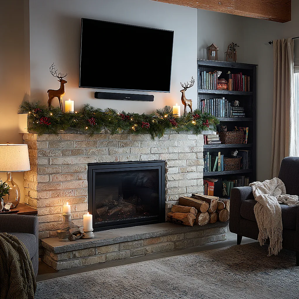 christmas mantle with tv above it