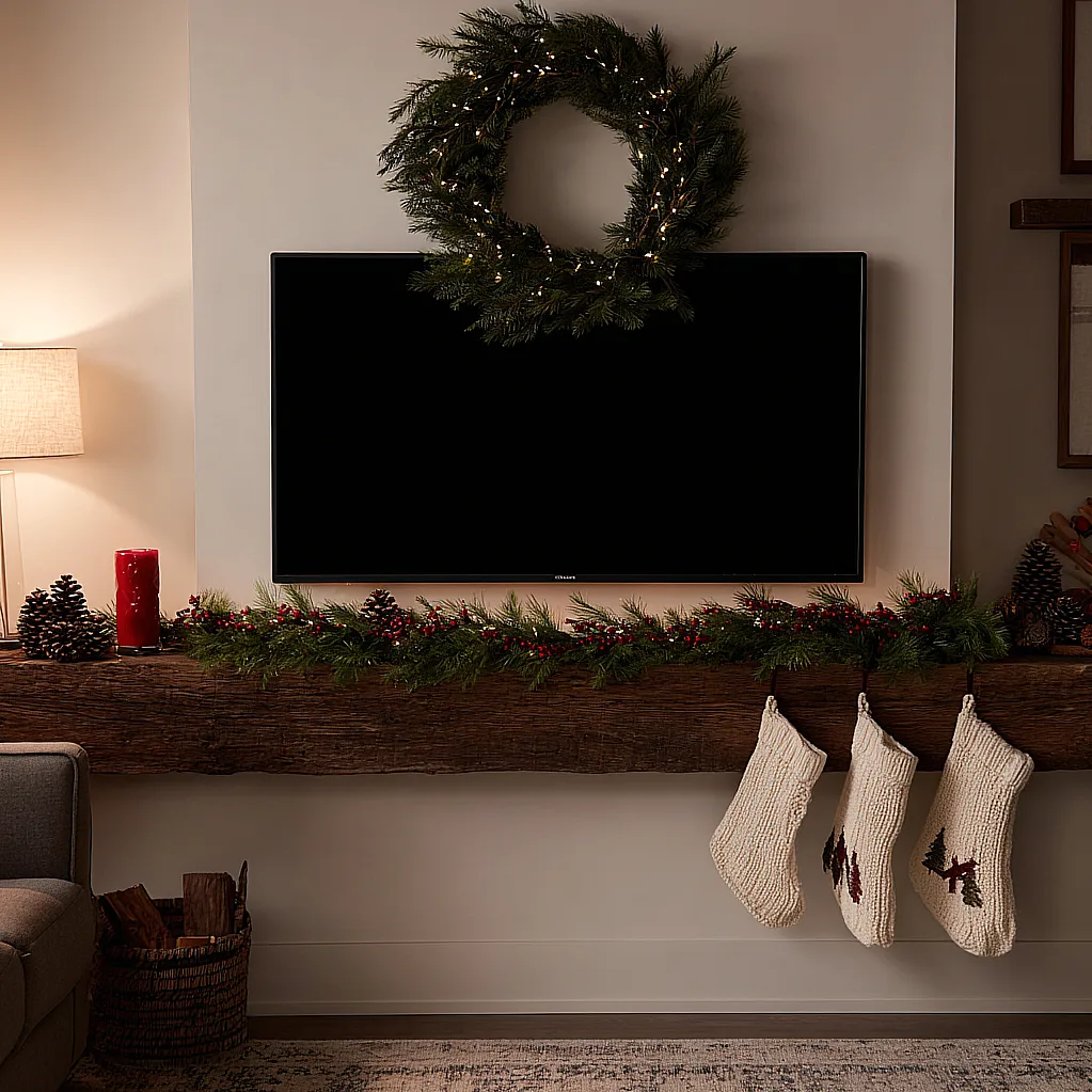 christmas mantle with tv decorations