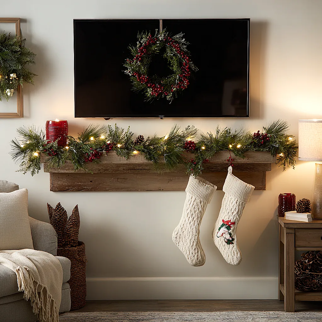 christmas mantle with tv decorations